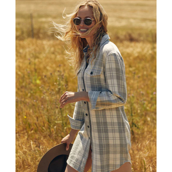 Outerknown BLANKET Cotton Flannel Shirt Dress in Blue Box Plaid Size XS NWT $168 - Picture 6 of 8